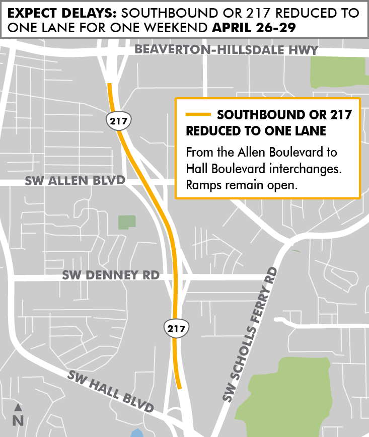 Map showing lane closure area on OR 217 between Allen Blvd and Denney Road