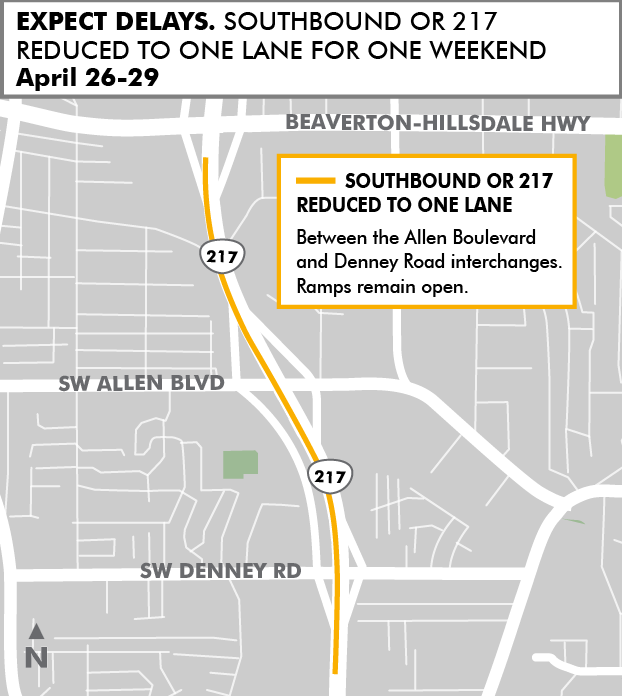 Map showing lane closure area on OR 217 between Allen Blvd and Denney Road