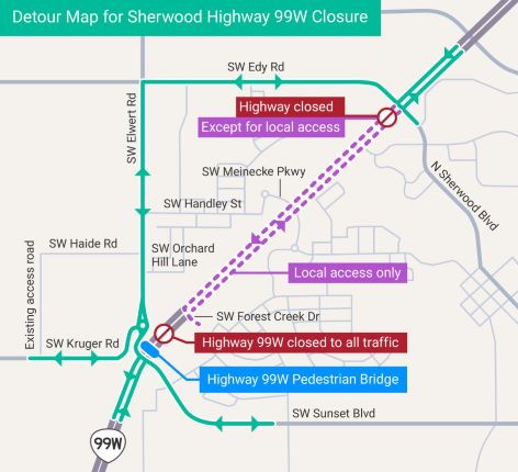 Detour map for Sherwood Highway 99W closure